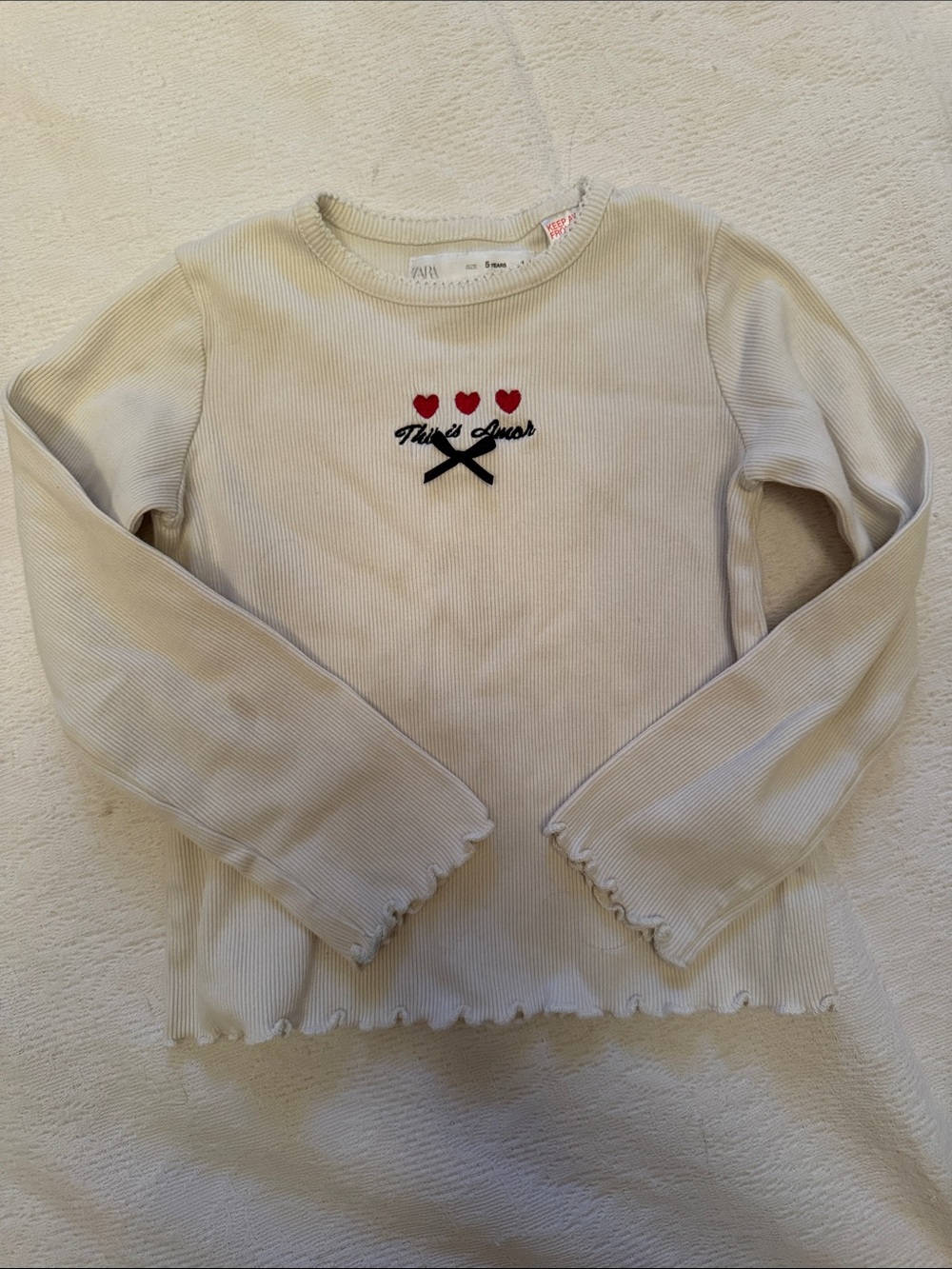 Zara Girls Cream Ribbed Long-Sleeve Top with Red Heart Embroidery size 5